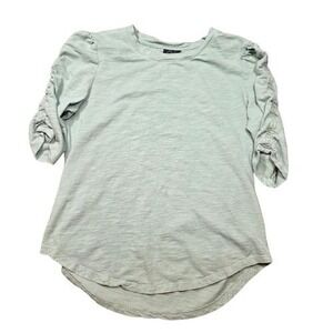 Oak & Trellis Womens M Sage Green Slub Knit Ruched Puff 3/4 Sleeve Crew Neck Top
